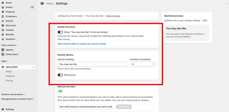 UpCartAOV configure the block