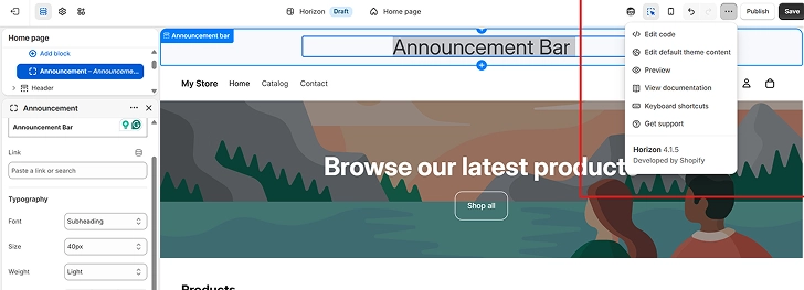 shopify-announcement-bar-theme-menu-options