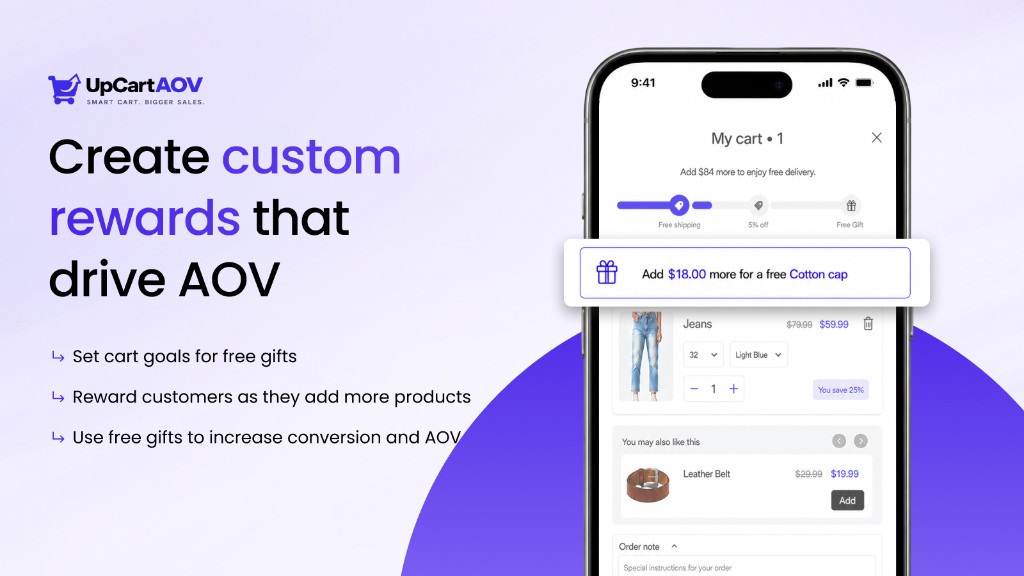 UpCartAOV free gift with purchase reward in the Shopify cart drawer with a spend threshold and free gift offer