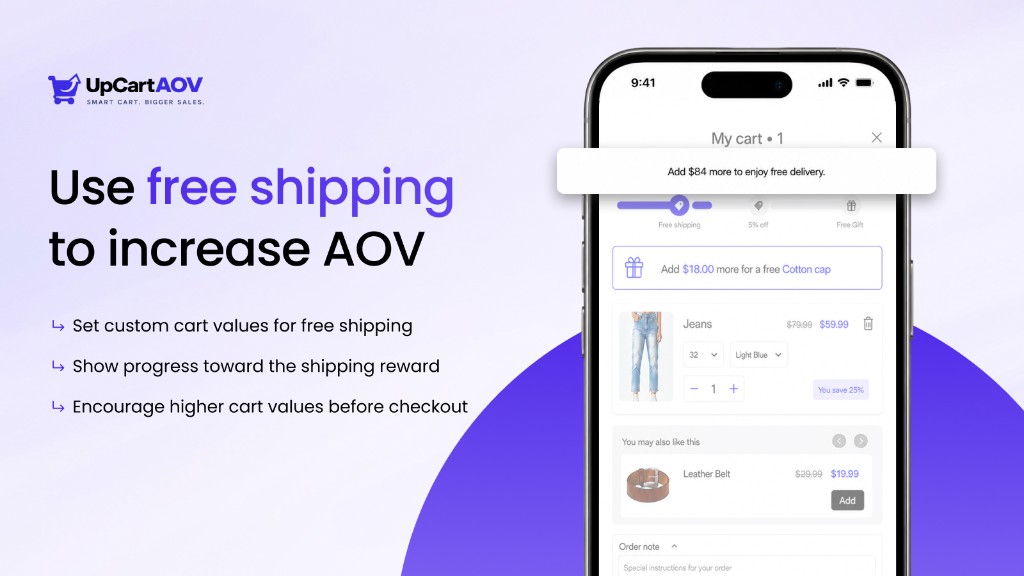 UpCartAOV free shipping progress bar in the cart drawer showing how much more to spend for free delivery and discount tiers