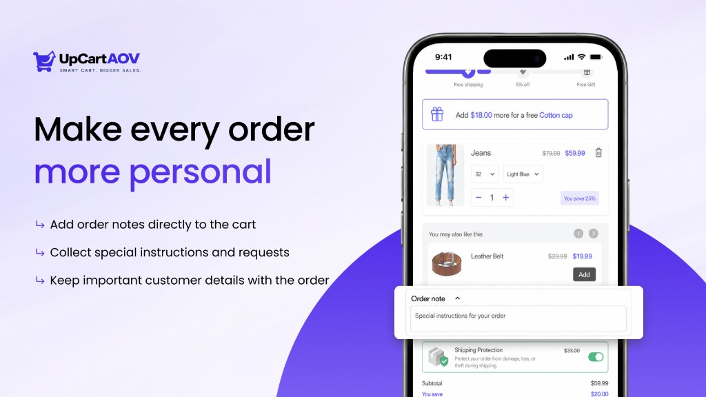 UpCartAOV order note field in the Shopify cart drawer for gift messages and special delivery instructions
