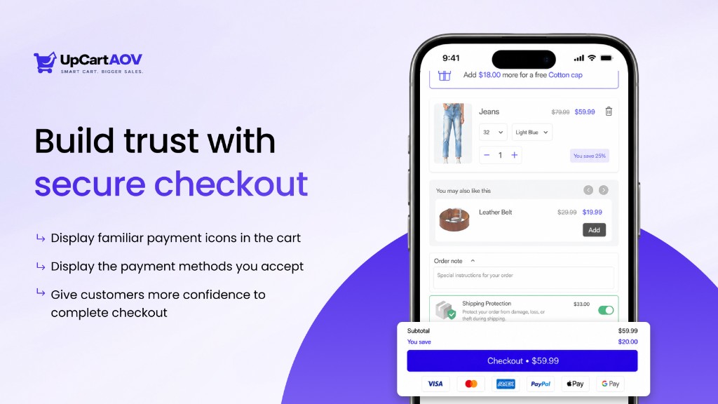 UpCartAOV secure checkout badges showing Visa, Mastercard, Amex, PayPal, Apple Pay, and Google Pay in the cart drawer