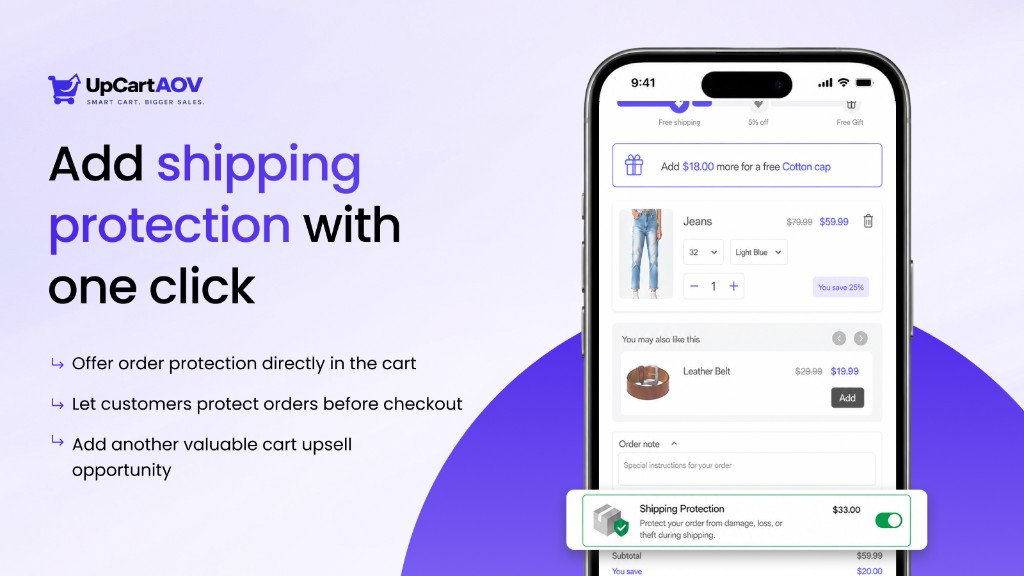 UpCartAOV shipping protection add-on in the cart drawer with a one-click toggle to protect the order